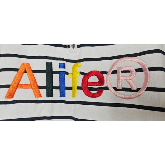 Alife Mens Half Zip Pullover Sweatshirt XL White Black Striped Funnel Neck Retro - Picture 4 of 11